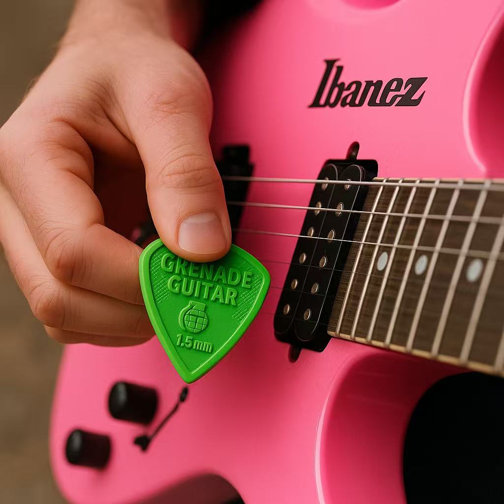 Musician holding a neon-green Grenade Guitar Shrapnel V1 pick while playing a pink Ibanez electric guitar.