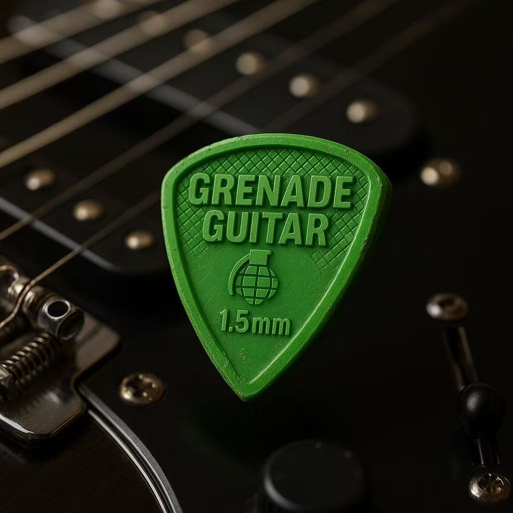 Neon-green Grenade Guitar Shrapnel V1 pick with embossed grenade logo, 1.5 mm marking, and textured grip surface on a white background.